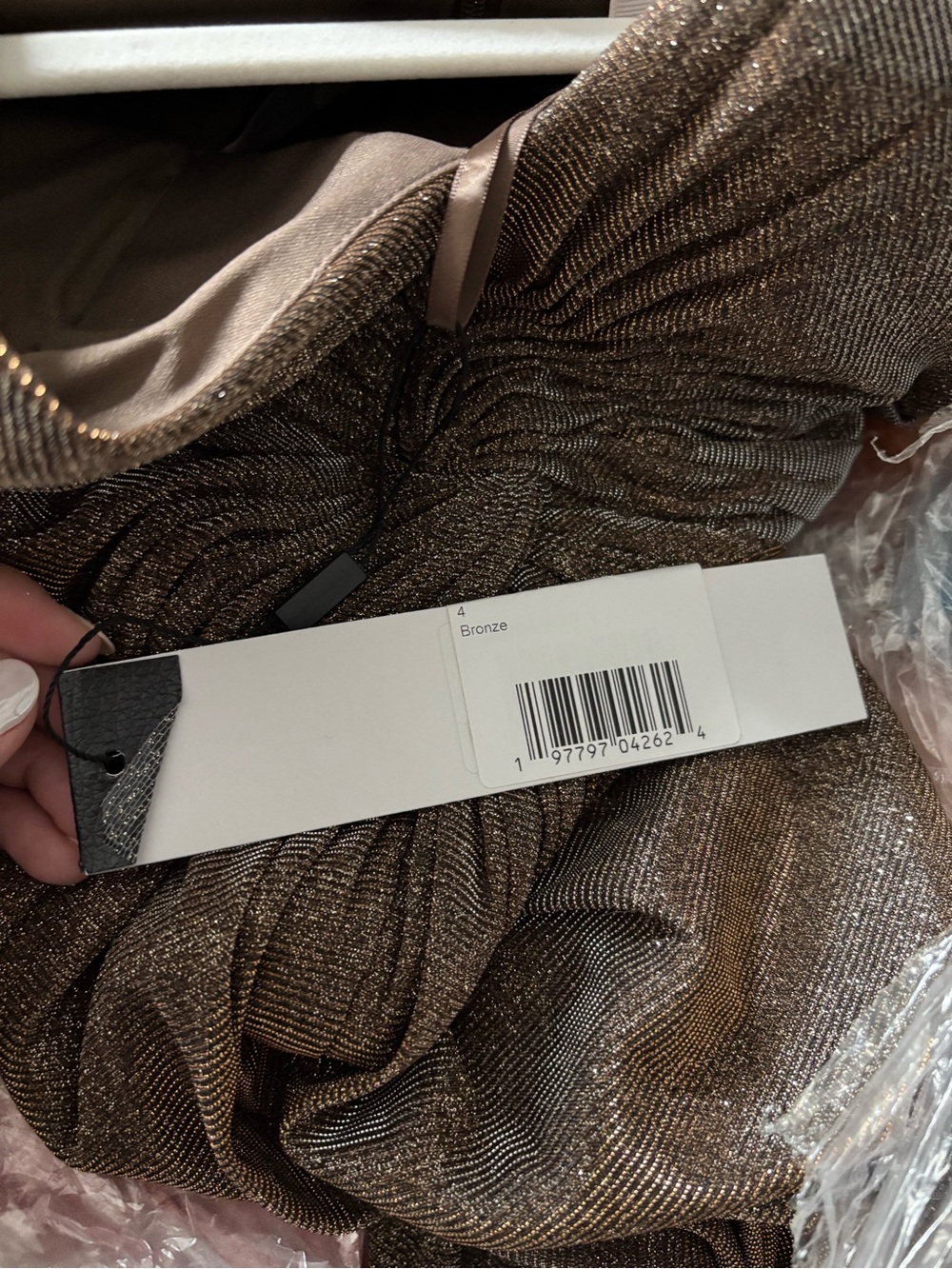 Mac Duggal Metallic Bronze Long Sleeve Knot-Front Gown - Picture 10 of 10